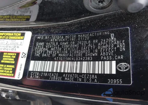 2020 Toyota Camry Se from USA, damaged, VIN 4T1G11AK4LU342383